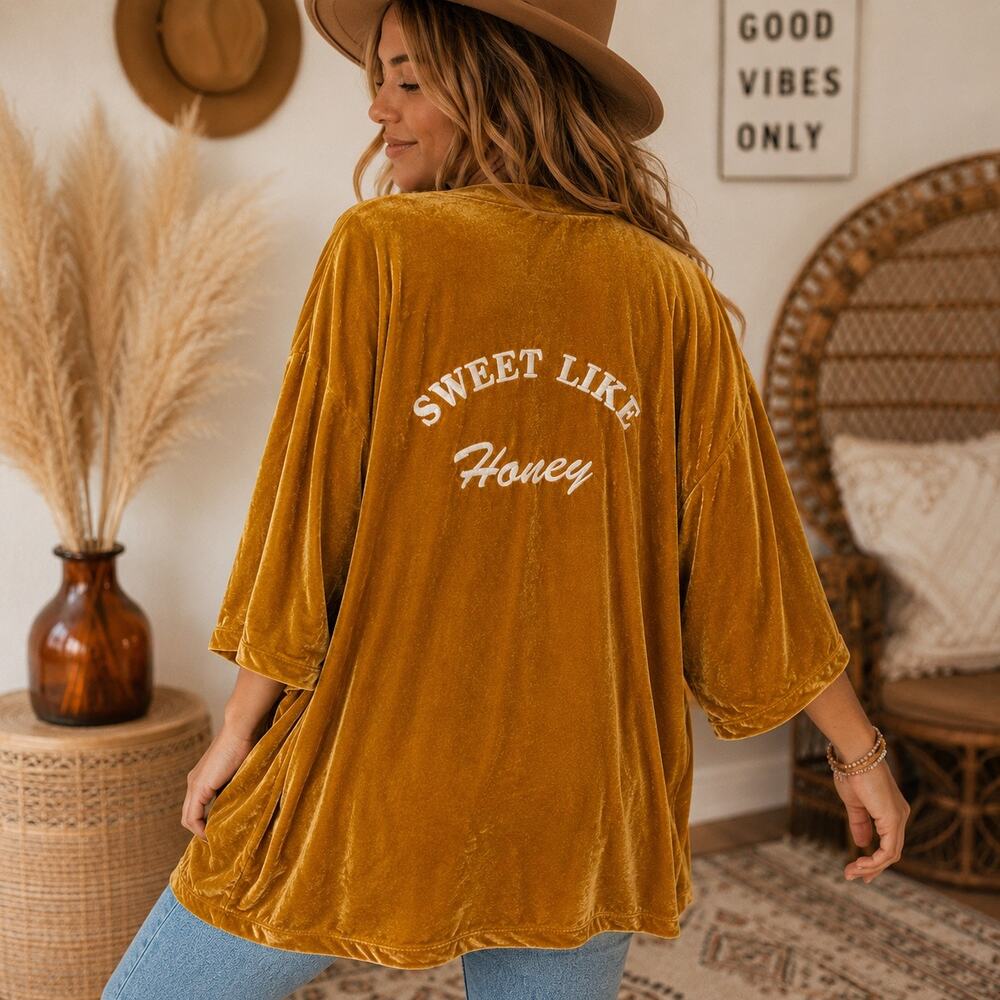 Honey Punch Mustard Velvet Kimono Cardigan Sweet Like Honey Graphic Back XS